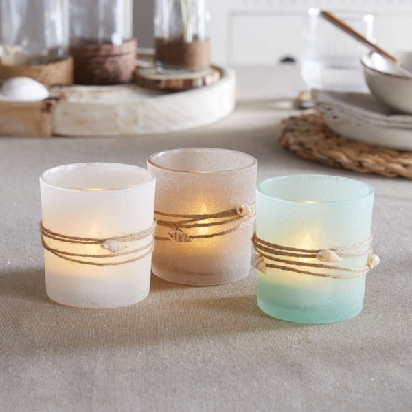 FRANK FLECHTWAREN | Windlicht Maritima, 3er Set, 7 x 7 x 8 cm, GLAS, MUSCHELN, JUTE,