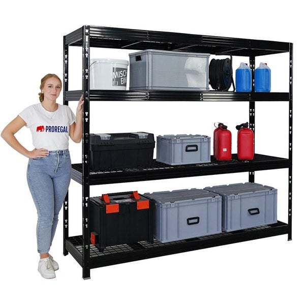 PROREGAL Profi Schwerlastregal Rhino HxBxT 180x200x60cm 4 Gitterrost-Ebenen Fachlast 500kg Schwarz Stecksystem Lagerregal Regalsystem