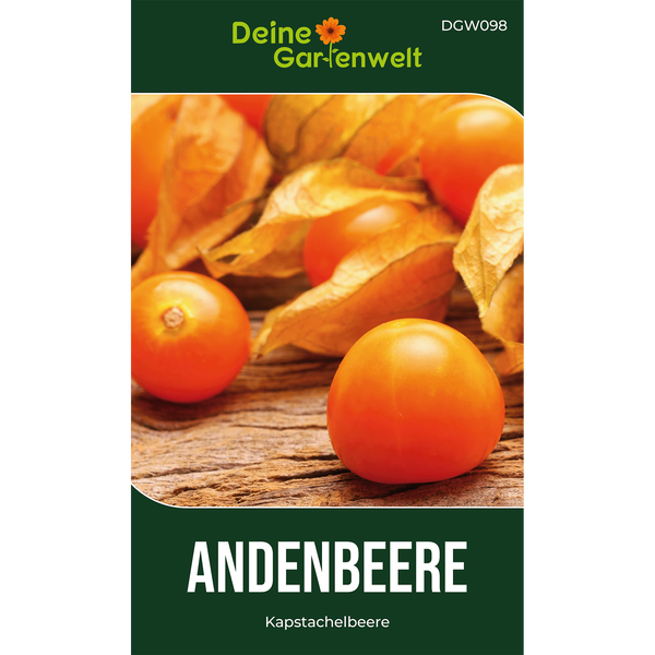 Deine Gartenwelt Logo. Samentüte für Andenbeere, auch Kapstachelbeere genannt, mit Abbildung reifer Früchte auf Holz.