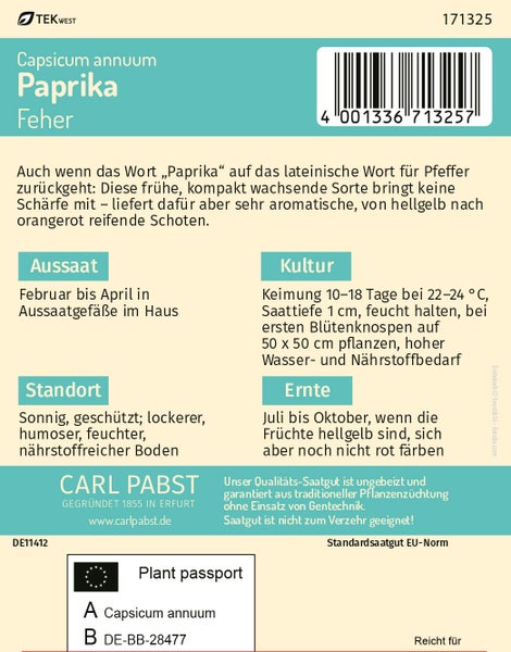 Rückseite der Samentüte für Paprika Feher von Carl Pabst mit Anbauhinweisen, Pflanzenpass, Barcode, TEKWEST Logo und Carl Pabst Logo.