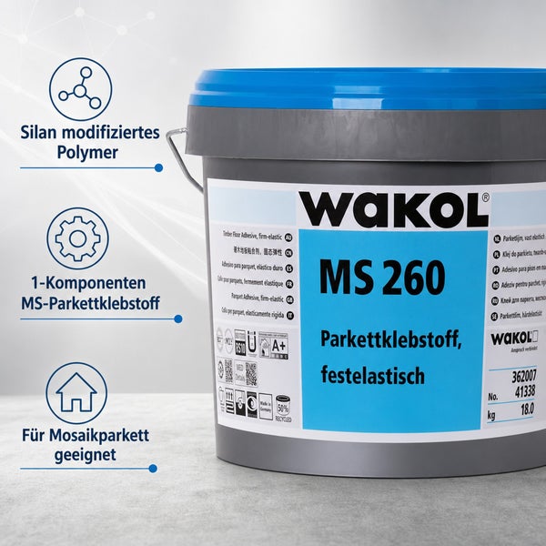 WAKOL MS 260 Parkettklebstoff 18 Kilogramm im Eimer, silanmodifiziertes Polymer, ein Komponentensystem, geeignet für Mosaikparkett.