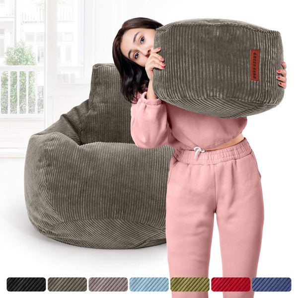 Green Bean Sitzsack mit Hocker aus Cord - Sitzsäcke für das Wohnzimmer, Schlafzimmer, Sitzsack-Sessel für Erwachsene Dunkelgrau