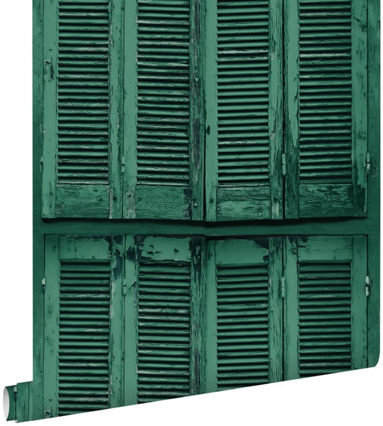 ESTAhome Tapete verwitterte, französische, vintage Fensterläden Smaragdgrün - 53 cm x 10.05 m - 138885