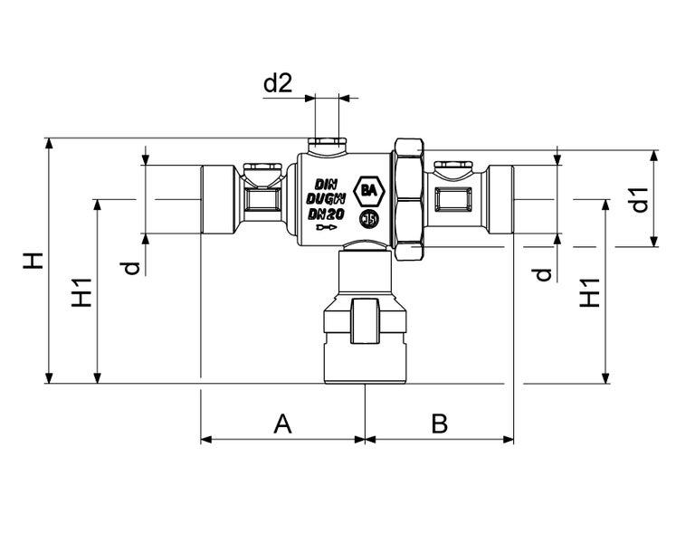 Technische Zeichnung eines Systemtrenners Nennweite 20 mit Maßangaben für Durchmesser und Höhe.
