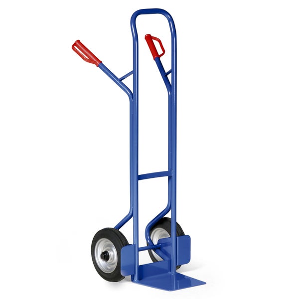 Blaue Sackkarre mit roten Griffen und zwei Rädern