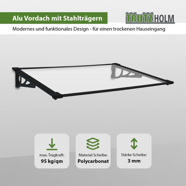 Trutzholm Haustürvordach aus Aluminium mit Stahlträgern und transparenter Polycarbonat Platte für einen geschützten Eingangsbereich