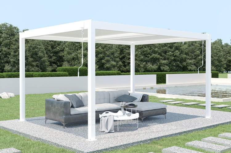 Pergola Aluminium Lamellendach SANTA B395 x T305 x H220 cm, Aluminiumpfosten 10 x 10 cm,  Weiß