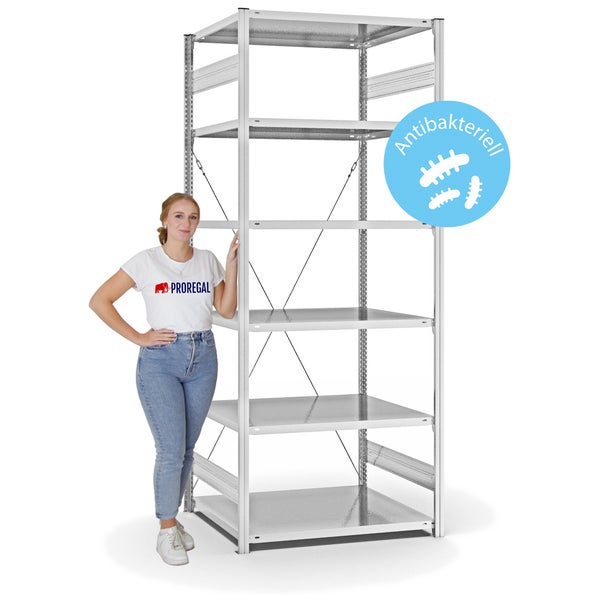 PROREGAL Antibakterielles Fachbodenregal Stecksystem T-Profil HxBxT 250 x 100 x 80 cm 6 Ebenen Traglast 130 kg Antibakterielle Beschichtung Weiß