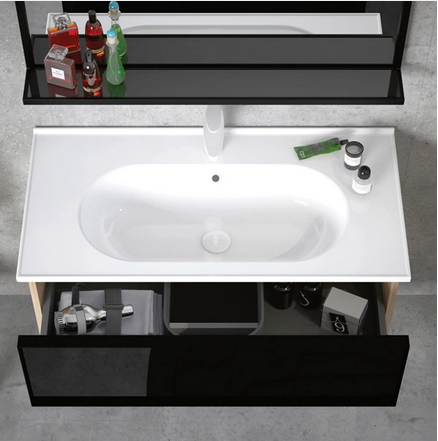 Badezimmer Möbel Badmöbel 100 x 50 cm Designer Badmöbel Schrank mit Keramik Waschbecken und Spiegel Front Schwarz