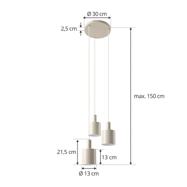 Pendelleuchte 3-flammig: Baldachin Durchmesser 30 Zentimeter, Höhe 2,5 Zentimeter, maximale Gesamthöhe 150 Zentimeter, Schirm Durchmesser 13 Zentimeter.