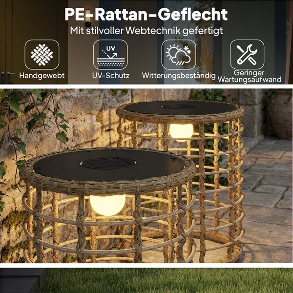 Zwei handgewebte Solar-Gartenleuchten aus PE-Rattan-Geflecht auf Terrasse. Symbole für UV-Schutz, Wetterfestigkeit und geringen Wartungsaufwand.