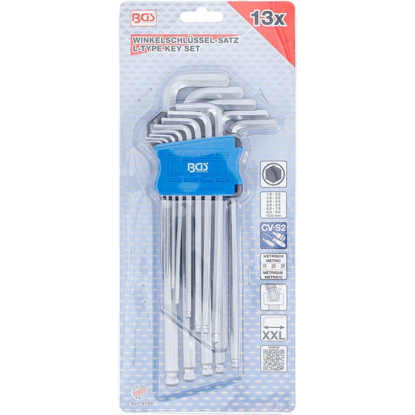 BGS Winkelschlüssel-Satz extra lang Innensechskant/Innensechskant mit Kugelkopf 1,5 - 10 mm 13tlg. - 9799