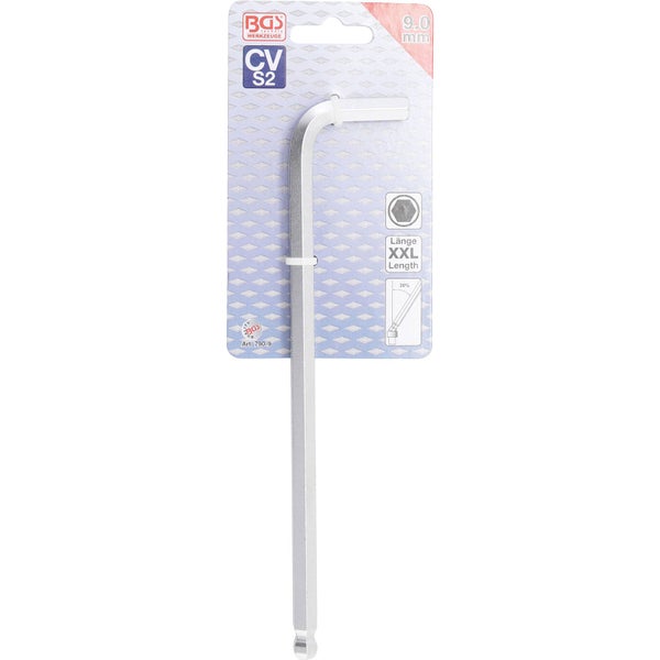 BGS technic Winkelschlüssel, Innensechskant mit Kugelkopf, 9 Millimeter, XXL-Länge, Chrom-Vanadium-S2-Stahl in Verkaufsverpackung.