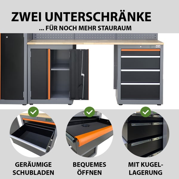 Werkbank mit Unterschränken für mehr Stauraum