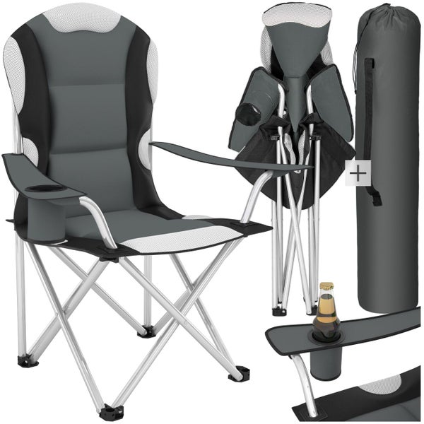 Campingstuhl mit Getränkehalter, zusammengeklappt und in Tragetasche