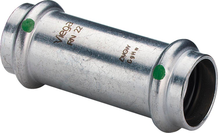 Viega Pressmuffe aus verzinktem Stahl für Rohre mit 22 Millimeter Durchmesser mit DVGW-Zertifizierung.