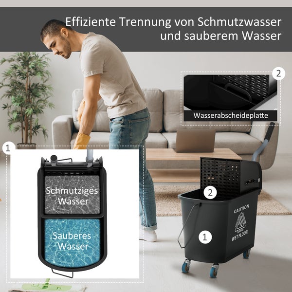 HOMCOM Putzwagen Reinigungswagen mit Wischmopp Presse 20 L Eimer mit Trennwand für Gebäudereinigung Hotel Schwarz