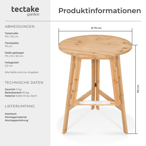 Produktinformationen zum klappbaren Stehtisch aus Kiefernholz von tectake. Durchmesser 79 Zentimeter und Höhe 110 Zentimeter.