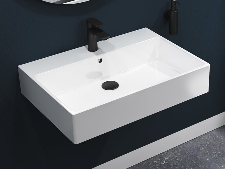 Aqua Bagno Solo Waschbecken 10.05.30.02 – 70 x 50 cm – Weiß Hochglanz – Keramikbecken mit Hahnloch & Überlauf