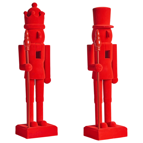 Zwei rote Nussknackerfiguren mit Zepter und Krone oder Zylinderhut