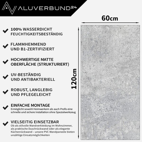 PVC Wandpaneel mit Steinoptik Oberfläche in 60 mal 120 Zentimeter inklusive Produktvorteilen wie Wasserfestigkeit und B1 Brandschutzzertifizierung.