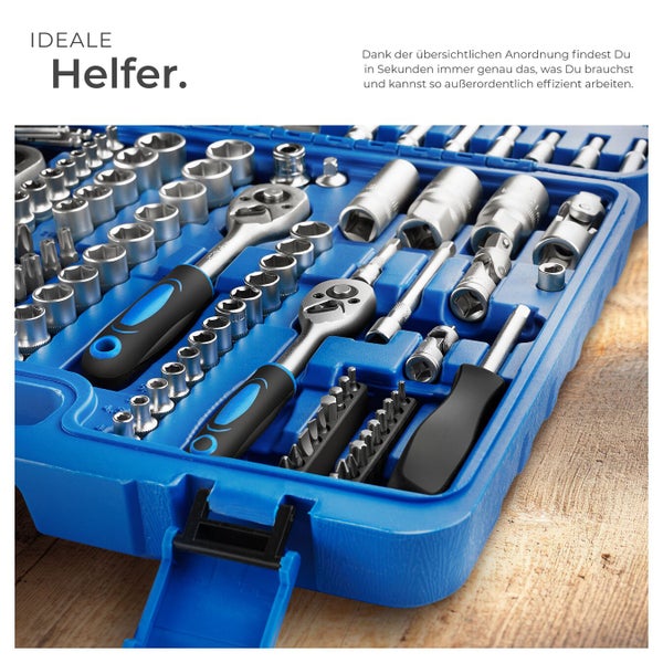 Werkzeugkoffer mit verschiedenen Werkzeugen wie Ratschen, Steckschlüsseln und Schraubendreher-Bits