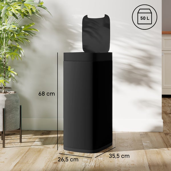 Rechteckiger Abfalleimer mit 50 Liter Fassungsvermögen, Maße 68 mal 35,5 mal 26,5 Zentimeter, in modernem Design für den Innenbereich.