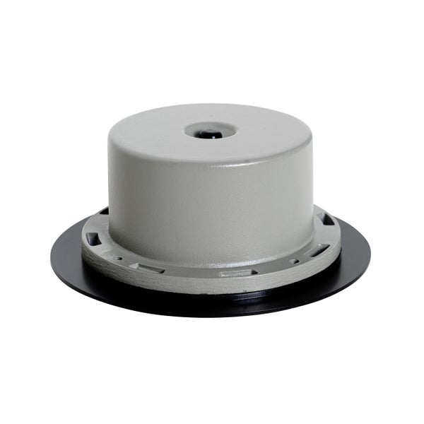 Graues Bodeneinbaustrahler-Gehäuse aus Metall für den Außenbereich mit schwarzer Montageplatte.