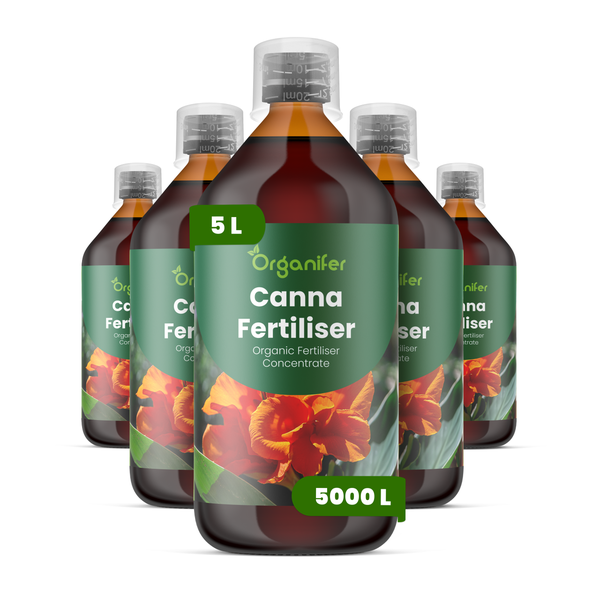 Organifer Canna Dünger, fünf Flaschen organisches Düngerkonzentrat, 5 Liter, für 5000 Liter Gießwasser.