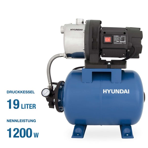 Hyundai Hauswasserwerk mit 19 Liter Druckkessel, 1200 Watt Nennleistung, Edelstahl-Pumpengehäuse und Manometer.