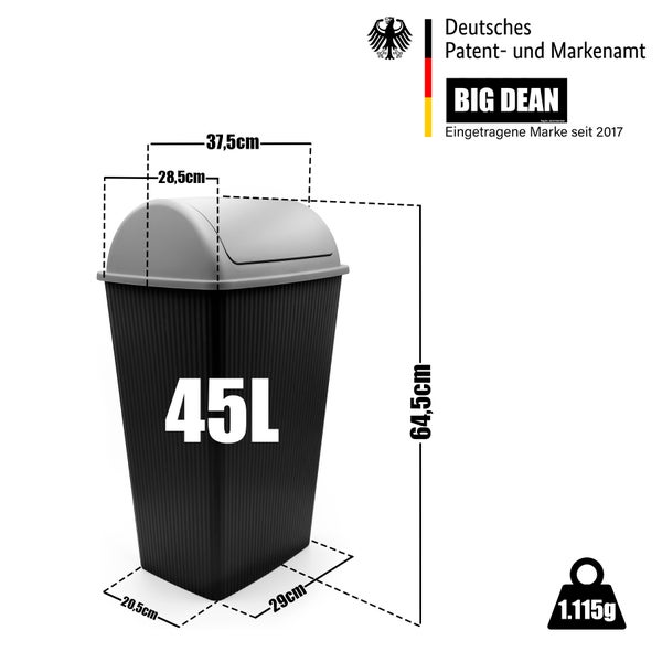 BigDean Mülleimer mit Schwingdeckel 45 L Anthrazit – Abfalleimer für die Küche & Büro – Müllbehälter aus robustem & geruchsdichtem Kunststoff – Made in Europe