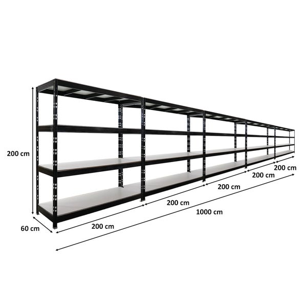 Langes Metallregal mit mehreren Ebenen und den Maßen 200 cm Höhe, 60 cm Tiefe und 1000 cm Länge.