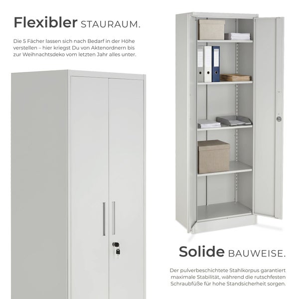 Zweitüriger Metallschrank aus pulverbeschichtetem Stahl mit Schloss und fünf höhenverstellbaren Fachböden zur flexiblen Aufbewahrung.