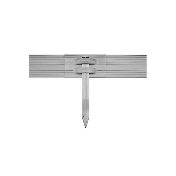 Rasenkante mit Erdspieß aus Kunststoff, silberfarben.