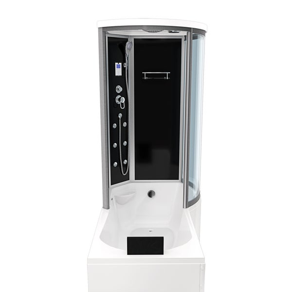 Dampfdusche mit integrierter Badewanne, Duschkabine aus Glas, Handbrause, Massagedüsen und digitalem Bedienfeld.