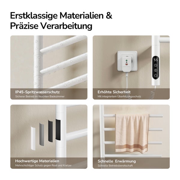 Badezimmer-Handtuchheizkörper mit Spritzwasserschutz, Überhitzungsschutz, mehrschichtigem Rostschutz und schneller Erwärmung.
