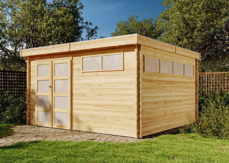 Alpholz Gerätehaus Modern 395x405 Gartenhaus aus Holz, Holzhaus mit 44 mm Wandstärke, Blockbohlenhaus, Naturbelassen 5,1x4,1m