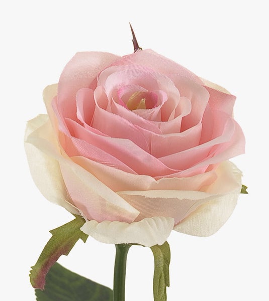 Künstliche Rose aus Textil mit grünem Stiel und hellrosa Blüte.