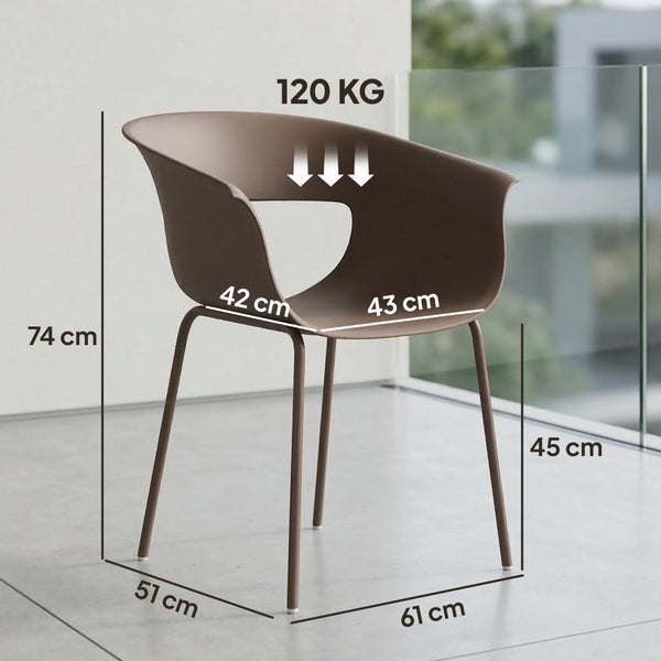 Moderner brauner Schalenstuhl: Höhe 74 Zentimeter, Sitzhöhe 45 Zentimeter, Breite 61 Zentimeter, Tiefe 51 Zentimeter, Belastbarkeit 120 Kilogramm.