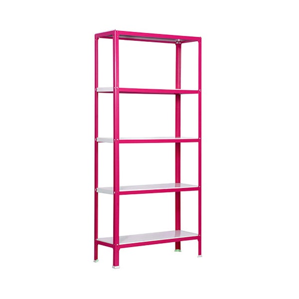 Pinkes Metallregal mit fünf Ebenen für Werkstatt und Keller.