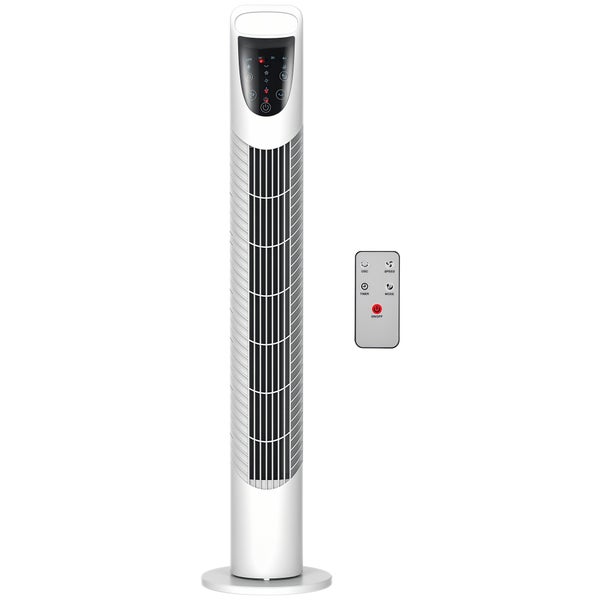 Weißer Turmventilator mit Fernbedienung, digitalem Display und stabilem Standfuß.