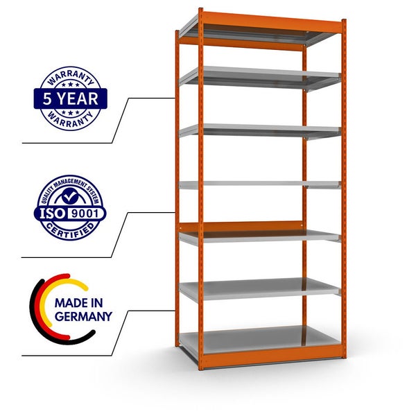 PROREGAL Fachbodenregal Stecksystem Vierkant-Profil Grundregal HxBxT 300 x 132,5 x 80 cm 7 Ebenen Einseitige Bauart Fachlast 200 kg Orange