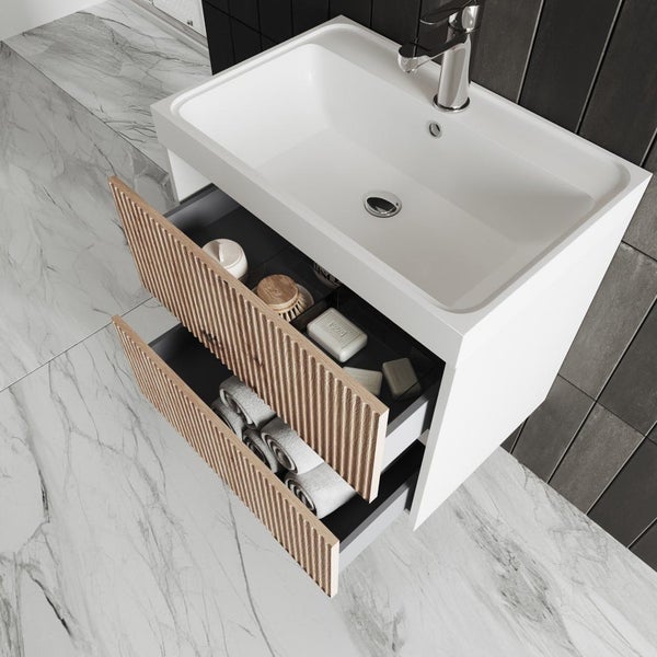 Unterschrank in 60cm in goldeiche geriffelt und Waschtisch - Wandmontage | Cortina