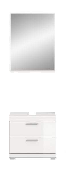 Badmöbel-Set bestehend aus einem Spiegel mit Ablage und einem Waschbeckenunterschrank mit zwei Schubladen und silbernen Griffen.