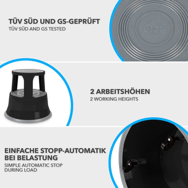 FLOORDIREKT Rollhocker - Elefantenfuß - aus Stahl - Mobiler Tritthocker - Sitzmöglichkeit für Büro und Gewerbe - Schwarz
