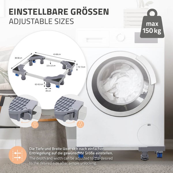ML-Design Waschmaschinen Untergestell beweglich, Waschmaschinensockel mit 8 Füßen & 4 Räder, verstellbare Sockel Breite 43-66cm, Höhe 10-13cm, Waschmaschine Podest rutschfest für Kühlschrank&Trockner