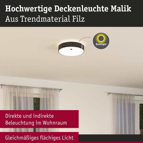 Runde Deckenleuchte Malik aus grauem Filz mit Backlight-Effekt für direktes und indirektes Licht im Wohnzimmer.