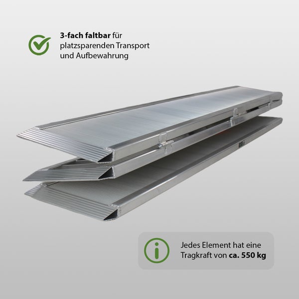 Mehrfachansicht einer Aluminium-Laderampe im Einsatz mit Motorrad, Quad, Fahrrad und Transportkiste.