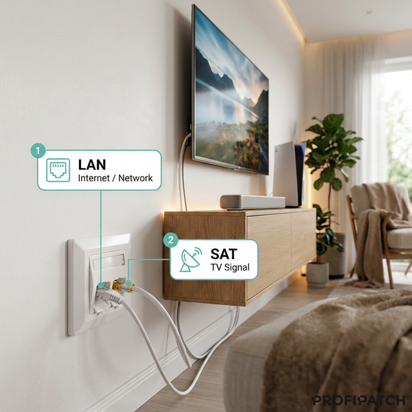 Wanddose mit angeschlossenem LAN-Kabel für Internet und SAT-Kabel für Fernsehsignal in einem modernen Wohnzimmer mit Fernseher.
