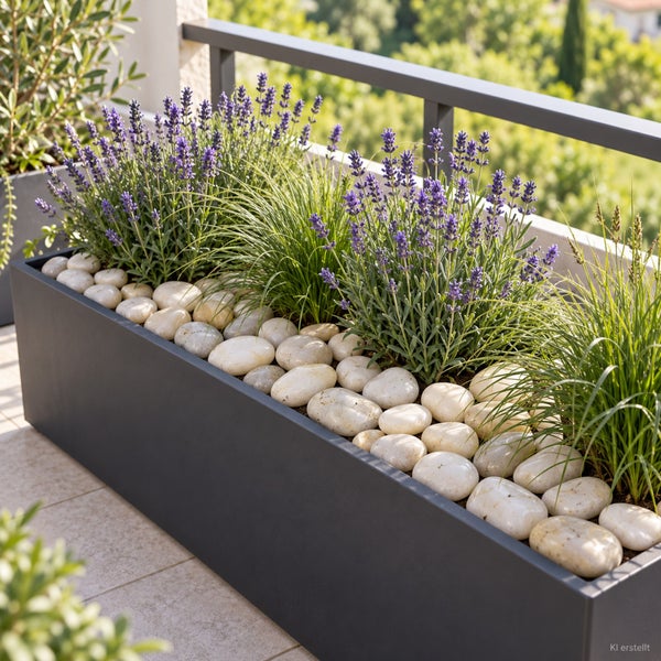 Rechteckiger Pflanzkübel mit Lavendel und Ziergras dekoriert mit hellen Ziersteinen auf einem Balkon.
